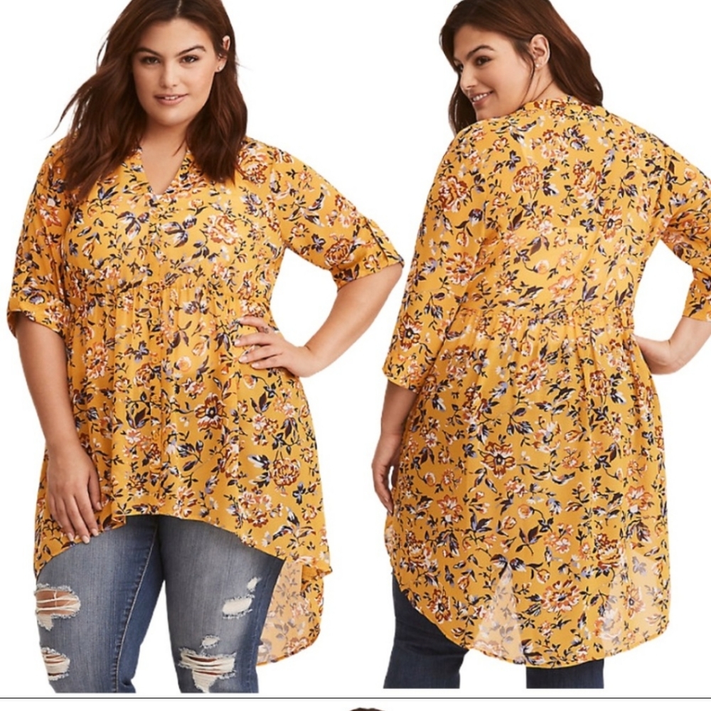 Torrid Lexie Yellow Chiffon high lol Babydoll Tunic Floral